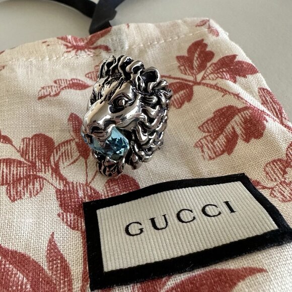 NEW Authentic Gucci Lion Head Crystal Ring In Silver & Blue Sz 10 IT 5.25 US - Picture 4 of 8